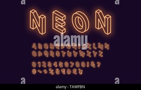 Neon isometric alphabet, Orange color. Neon outlined Font with set of isometric glowing letters, numbers, currency and different signs and symbols. Ve Stock Vector
