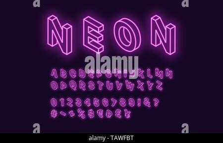 Neon isometric alphabet, Purple color. Neon outlined Font with set of isometric glowing letters, numbers, currency and different signs and symbols. Ve Stock Vector