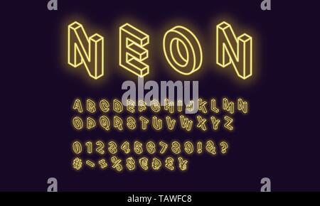 Neon isometric alphabet, Yellow color. Neon outlined Font with set of isometric glowing letters, numbers, currency and different signs and symbols. Ve Stock Vector