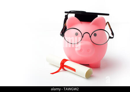 College graduate student diploma piggy bank isolated on white background Stock Photo
