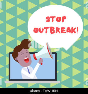 Word writing text Stop Outbreak. Business photo showcasing prevent incident in which showing facing a similar illness Man Speaking Through Laptop into Stock Photo