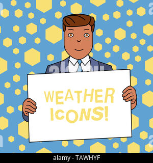 Handwriting text writing Weather Icons. Conceptual photo Plotted on a synoptic chart used for weather forecasting Smiling Man Holding Formal Suit Big  Stock Photo