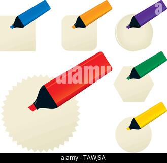 Set of different fluorescent markers and papers. Vector eps10. Stock Vector