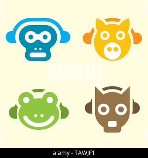 Vector illustration eps10. Four icons of musical animals with headphones. Stock Vector
