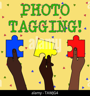 Word writing text Photo Tagging. Business photo showcasing identify someone on the photo that you share social media Three Colored Empty Jigsaw Puzzle Stock Photo