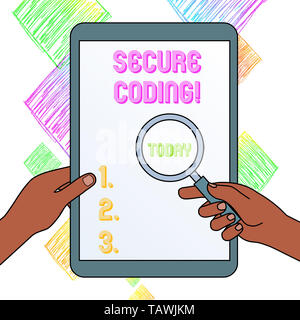Writing note showing Secure Coding. Business concept for Applied to avoid the introduction of security vulnerabilities Hands Holding Magnifying Glass  Stock Photo