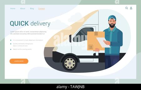 Vector design concept of landing page with illustration of a bearded courier man from a cargo Stock Vector