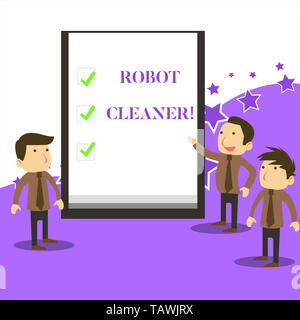 Handwriting text writing Robot Cleaner. Conceptual photo Intelligent programming and a limited vacuum cleaning system Business People Colleagues Discu Stock Photo