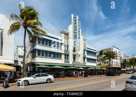Miami, FL, USA - April 19, 2019: The Breakwater South Beach Hotel on the Ocean Drive at the historical Art Deco District of Miami South Beach in Miami Stock Photo