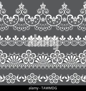 Vintage lace seamless vector pattern, ornamental repetitive design with flowers and swirls in white on gray background Stock Vector