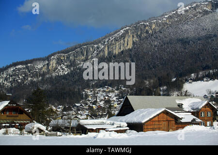 Mühlbach am Hochkönig snow mountain range in austria with resort house Stock Photo