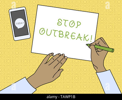 Conceptual hand writing showing Stop Outbreak. Concept meaning prevent incident in which showing facing a similar illness Top View Man Writing Paper P Stock Photo