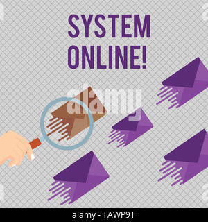 Conceptual hand writing showing System Online. Concept meaning when a device can readily communicate with other devices Magnifying Glass on Color Enve Stock Photo