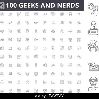 Geek nerds line icons, signs, vector set, outline illustration concept  Stock Vector