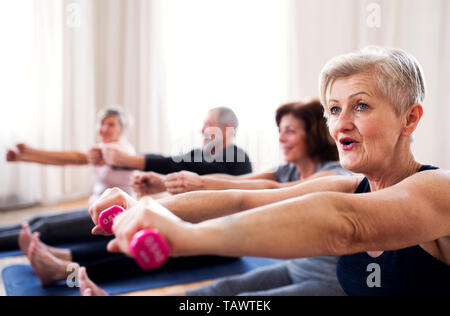 Group of senior people doing exercise with dumbbells in community center club. Stock Photo