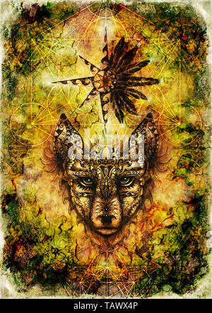 ornamental painting of wolf, sacred animal and ornamental star with feathers and merkaba Stock Photo