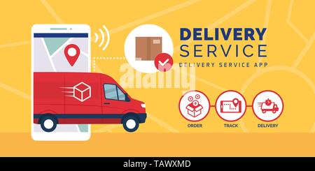 Fast delivery service app on smartphone with delivery van, logistics and technology concept Stock Vector