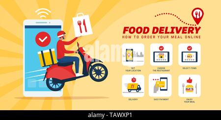 Fast food delivery app on a smartphone with delivery man on a scooter: how to order food online Stock Vector