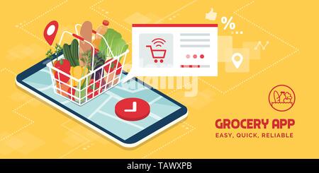 Grocery delivery at home and smartphone app: full shopping basket with fresh vegetables, food and beverage on a mobile phone display Stock Vector