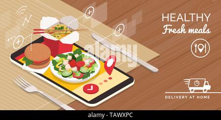 Healthy food delivery at home and smartphone app: healthy take away food on a smartphone and table set, technology and catering concept Stock Vector