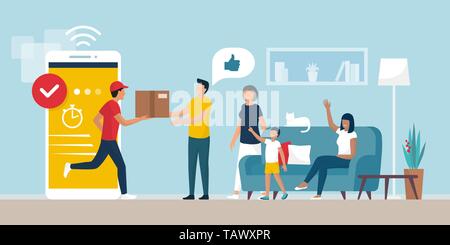 Delivery app service: man delivering a cardboard box to a happy cheerful family at home in the living room, logistics and technology concept Stock Vector