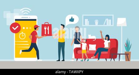 Happy family receiving a ready meal at home using a smartphone app, the delivery man is carrying a bag, technology and lifestyle concept Stock Vector