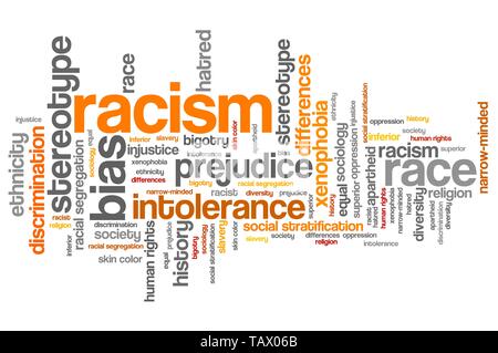 Racism - social issues and concepts word cloud illustration. Word collage concept. Stock Photo