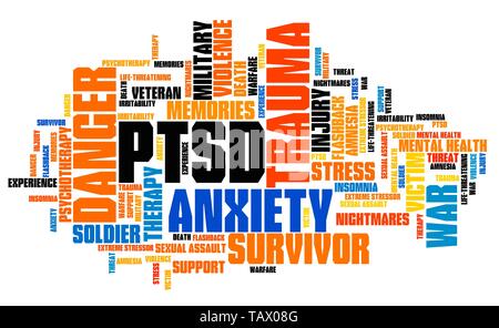 PTSD - post traumatic stress disorder. Mental health problem. Word cloud sign. Stock Photo