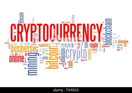 Cryptocurrency - digital virtual currencies concepts. Word cloud sign. Stock Photo