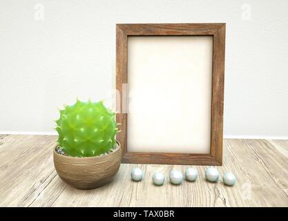 Mockup of empty wooden frame, green succulent plant in ceramic pot and jewelry pearls on wooden table against white concrete wall. 3D illustration of  Stock Photo