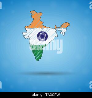 Stylized outline map of India with national flag icon. Flag color map ...