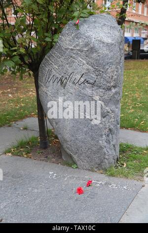 STOCKHOLM, SWEDEN - AUGUST 22, 2018: Grave of Olof Palme, assassinated Prime Minister of Sweden in Stockholm. The mystery remains unsolved. Stock Photo