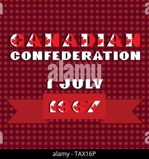 Happy Canada day card with red and white color modern typography for celebration design, flyer, banner on checkered background. National flag style. T Stock Vector