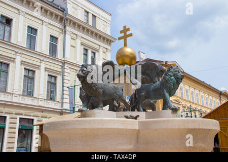 Lion fountain, Klaus square, Szeged, Hungary, Europe Stock Photo