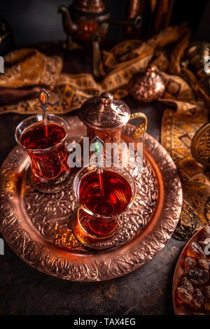 Two cups of turkish tea served in traditional style Stock Photo