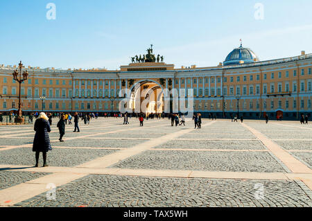 St Petersburg, Russia - April 5, 2019. The General Staff Building on Palace Square in Saint Petersburg, Russia, in front of the Winter Palace. City la