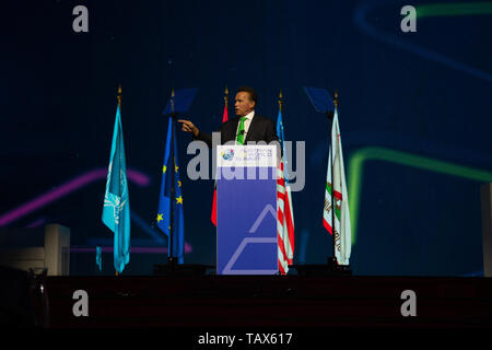 Actor & former Governor of California iArnold Schwarzenegger gives a keynote speech at the Austrian World Summit on 28 May 2019 Stock Photo