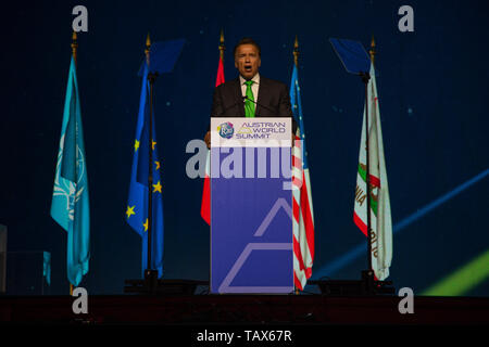 Actor & former Governor of California iArnold Schwarzenegger gives a keynote speech at the Austrian World Summit on 28 May 2019 Stock Photo