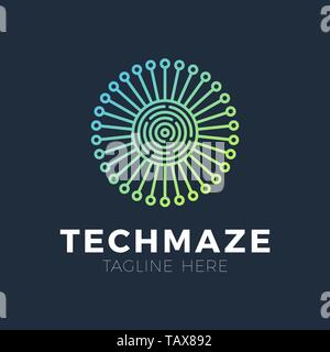 tech sun maze concept logotype template design. Business logo icon shape. circle maze simple logo illustration Stock Vector