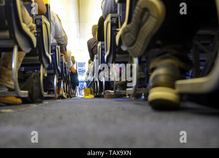 Caselle Airport, province of Turin, Piedmont region, Italy. June 14 2018. Internal view of the Ryanair flight to London Stansted airport. Passengers a Stock Photo