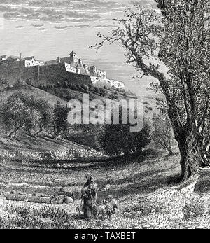 Cityscape of Bethlehem, West Bank, Palestinian autonomy area, historic engraving from 19th Century, Stadtansicht von Bethlehem, Westjordanland, Palästinensisches Autonomiegebiet, historischer Stich aus dem 19. Jahrhundert Stock Photo