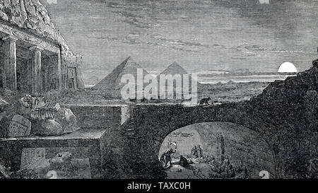 Pyramids and catacombs with mummies at night, Cairo, Egypt, historic engraving from 19th Century, Die Pyramiden und Katakomben mit Mumien bei Nacht, Kairo, Ägypten, historischer Stich aus dem 19. Jahrhundert Stock Photo