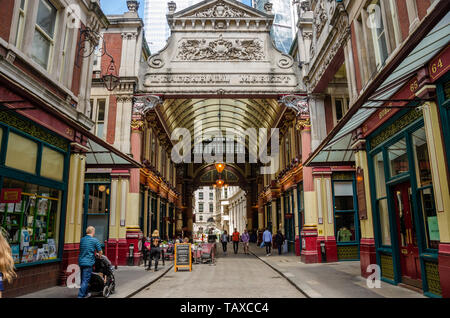 The Leadenhall Market is a 14th Century covered market with vaulted ceilings in the financial district of The City of London.
