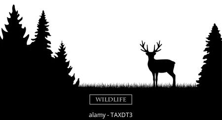 wildlife reindeer silhouette in the forest on the meadow black and white vector illustration EPS10 Stock Vector