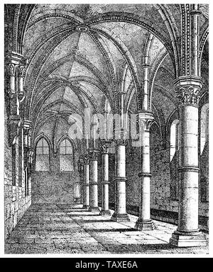 former Cistercian abbey at Maulbronn, refectory of the medieval monastery, Enz region, Baden-Wuerttemberg, Germany, 13th Century, Historische, zeichnerische Darstellung, die ehemalige Zisterzienserabtei Kloster Maulbronn, Refektorium der mittelalterlichen Klosteranlage, Enzkreis, Baden-Württemberg, Deutschland, 13. Jahrhundert, aus Meyers Konversations-Lexikon, 1889 Stock Photo