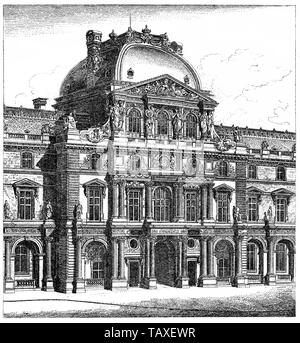 Pavillon de l'Horloge, Palais du Louvre, Louvre Museum, Paris, France, 17th Century, Historische, zeichnerische Darstellung, Der Pavillon de l'Horloge, Palais du Louvre in Paris, Frankreich, 17. Jahrhundert, aus Meyers Konversations-Lexikon, 1889 Stock Photo