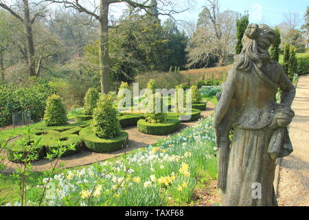 Belvoir Castle, Leciestershire, UK. Statues in formal gardens at Belvoir Castle looking to summer house, East Midlands, UK