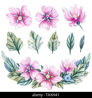 Hand-drawn bouquet of wildflowers. Watercolor illustration with mallow. Malva. Template for greeting cards, fabrics, wedding invitations and scrapbook Stock Photo