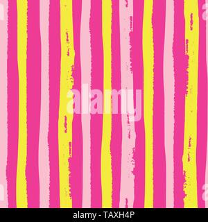 Tropical painterly light pink and yellow vertical grunge stripes. Seamless vector pattern on hot pink background. Great for wellbeing, beauty, summer Stock Vector