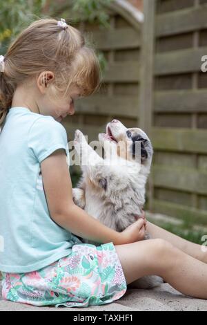 girl and Australian Shepherd Puppy Stock Photo